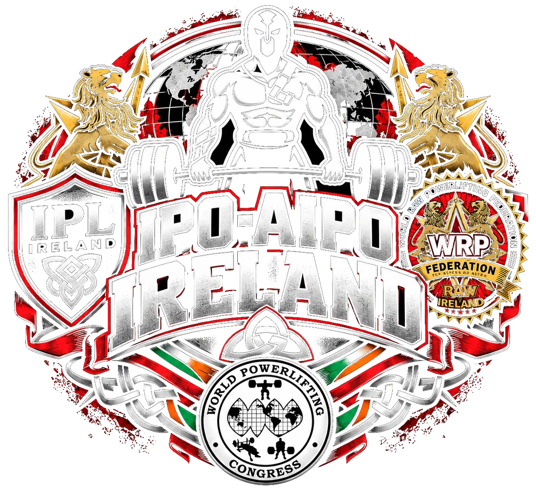 IPO-AIPO Ireland logo with the IPL Ireland, WRPF Raw Ireland and World Powerlifting Congress emblems